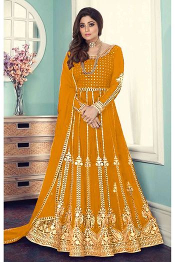 Faux Georgette Embroidery Anarkali Suit In Mustard Colour - SM1775343