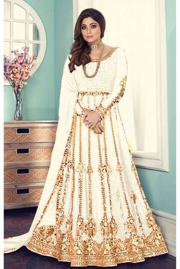 Affordable Stone Work Embroidered Off White Anarkali Suit LSTV08341