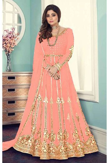 Faux Georgette Embroidery Anarkali Suit In Peach Colour - SM1775347