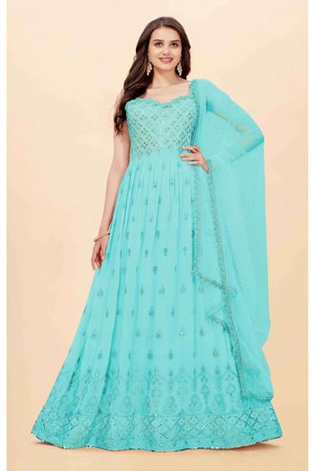 Faux Georgette Embroidery Anarkali Suit In Sea Green Colour - SM5416039