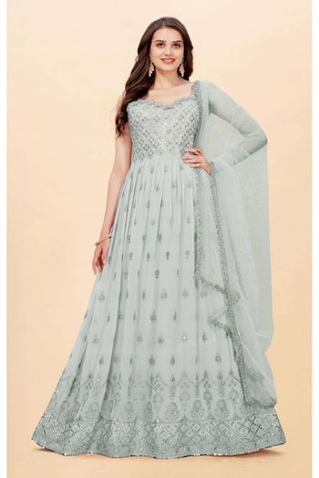 Faux Georgette Embroidery Anarkali Suit In Sky Blue Colour - SM5416038