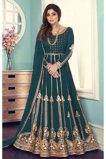 Faux Georgette Embroidery Anarkali Suit In Teal Blue Colour - SM1775345