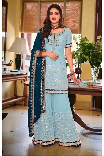Faux Georgette Embroidery Sharara Suit In Blue Colour - SM1775279