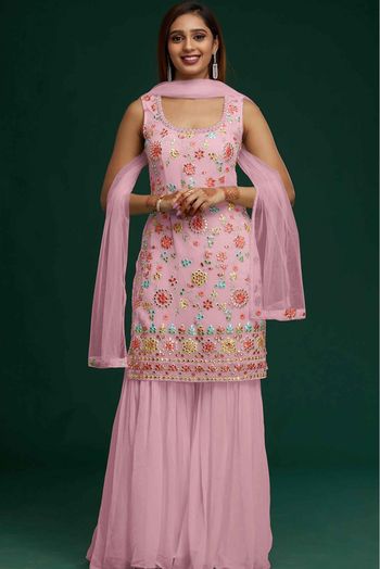 Faux Georgette Embroidery Sharara Suit In Pink Colour - SM5415685