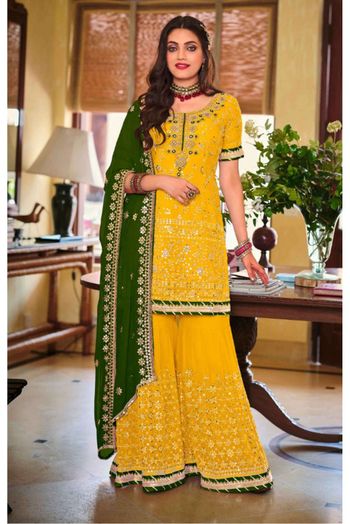 Faux Georgette Embroidery Sharara Suit In Yellow Colour - SM1775277