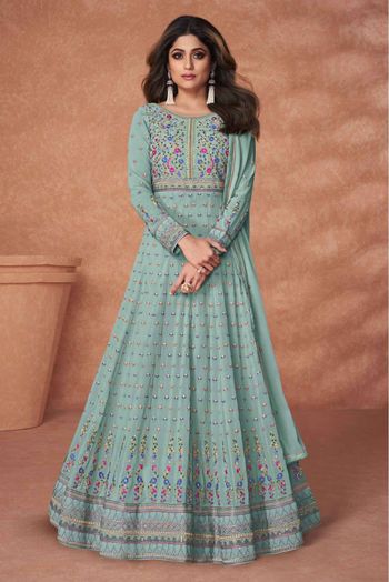 Georgette Embroidery Anarkali Suit In Green Colour - SM5641690