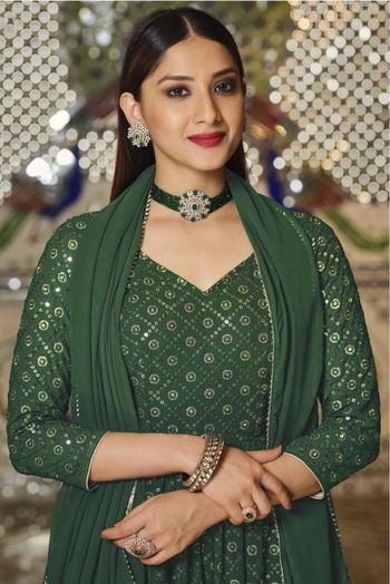 Georgette Embroidery Lehenga Suit In Green Colour - SM5415927