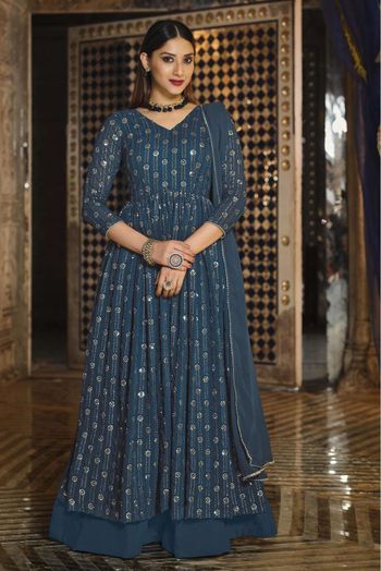 Georgette Embroidery Lehenga Suit In Teal Colour - SM5415929