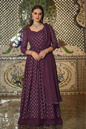 Georgette Embroidery Lehenga Suit In Wine Colour - SM5415928