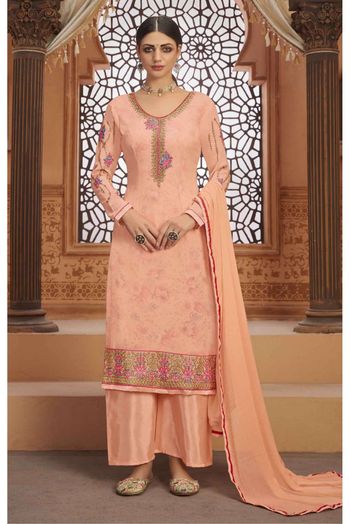 Georgette Embroidery Palazzo Pant Suit In Peach Colour - SM5550138