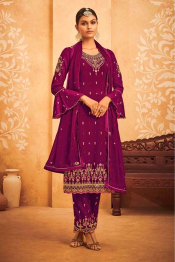 Georgette Embroidery Palazzo Pant Suit In Purple Colour - SM5640972