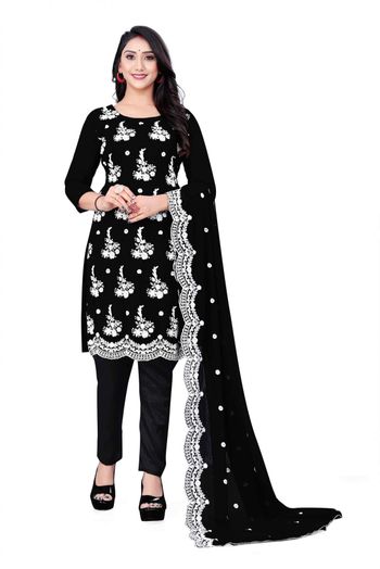 Georgette Embroidery Pant Style Suit In Black Colour - SM5415440