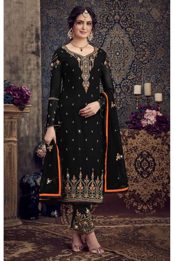 Georgette Embroidery Pant Style Suit In Black Colour - SM5550133