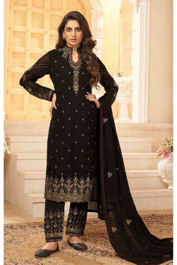 Georgette Embroidery Pant Style Suit In Black Colour - SM5550152