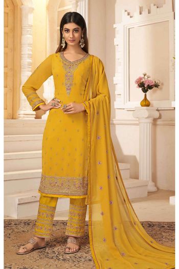 Georgette Embroidery Pant Style Suit In Mustard Colour - SM5550154