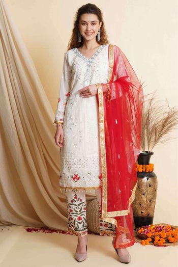 Georgette Embroidery Pant Style Suit In Off White Colour - SM5641681