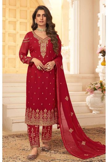 Georgette Embroidery Pant Style Suit In Red Colour - SM5550156