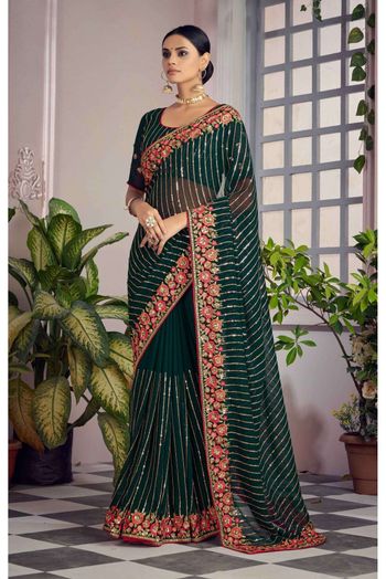 Georgette Embroidery Saree In Green Colour - SR4690769