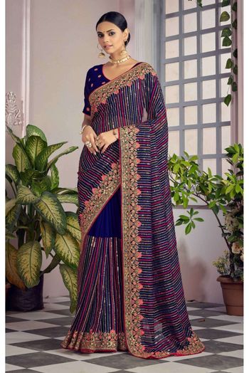 Georgette Embroidery Saree In Navy Blue Colour - SR4690771