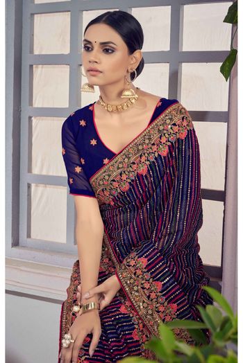 Georgette Embroidery Saree In Navy Blue Colour - SR4690771