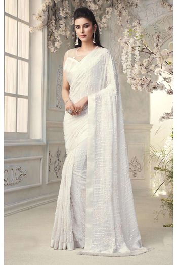 Buy FABIAN FASHION Women's Sequence White Colour Georgette Saree with  Unstitched Blouse Piece (NC_5217_WHITE_White) at Amazon.in