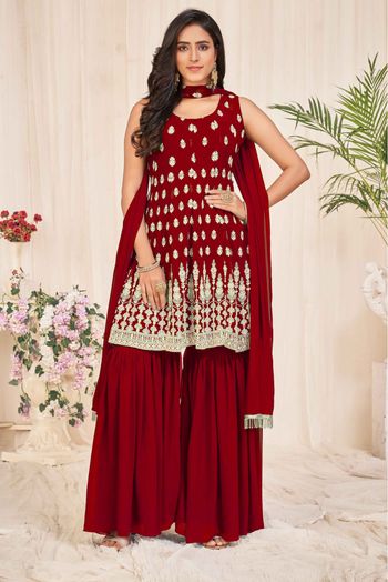 Georgette Embroidery Sharara Suit In Dark Maroon Colour SM5540064