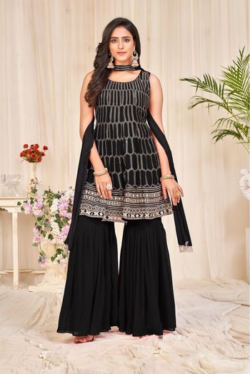 Pakistani Black Dress in Sharara Kameez Dupatta Style – Nameera by Farooq