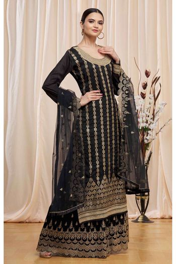 Jacquard Woven Palazzo Pant Suit In Black Colour - SM5416073