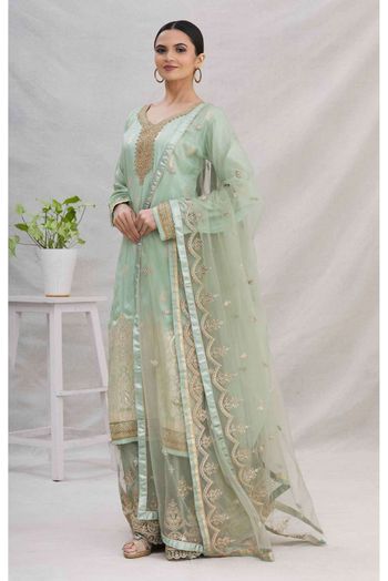 Jacquard Woven Palazzo Pant Suit In Green Colour - SM5416075