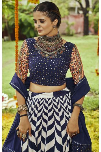 Muslin Cotton Digital Print Lehenga Choli In White And Navy Blue Colour - LD3210989