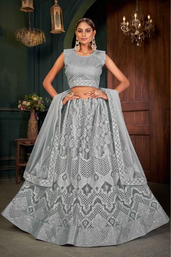 Grey Color Georgette Fabric Embroidered Wedding Wear Gorgeous Lehenga