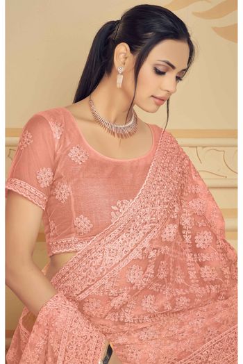 Net Embroidery Saree In Peach Colour - SR4690779