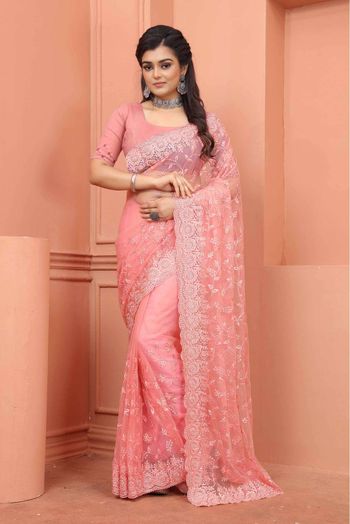 Net Embroidery Saree In Pink Colour - SR5641372