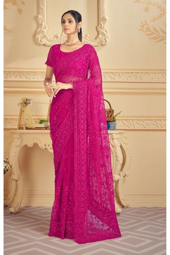 Net Embroidery Saree In Rani Pink Colour - SR4690776