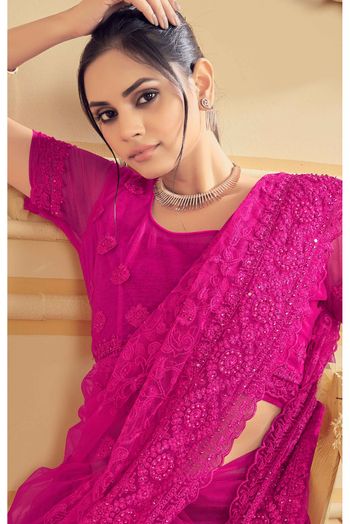 Net Embroidery Saree In Rani Pink Colour - SR4690776