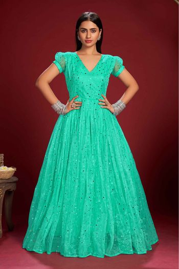 Net Sequins Work Gown In Sea Green Colour - GW5680321