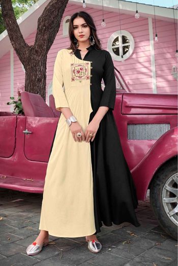 Rayon Embroidery Kurti In Black And Cream Colour - KR5415757