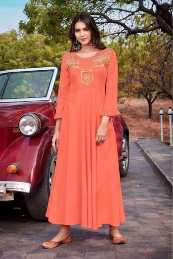 Rayon Embroidery Kurti In Peach Colour - KR5415756