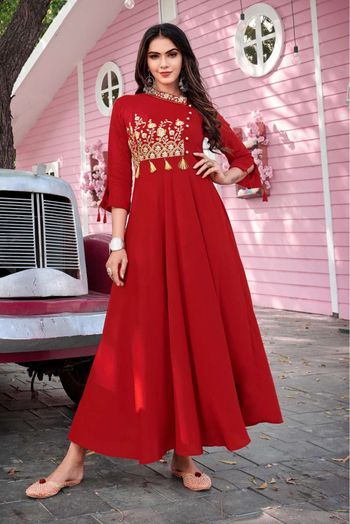 Rayon Embroidery Kurti In Red Colour - KR5415758