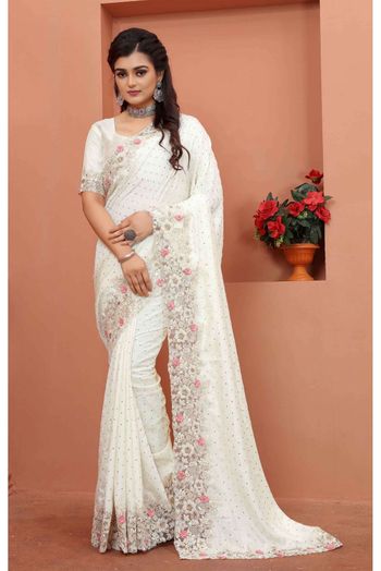 SATIN SILK Embroidery Saree In White Colour - SR1543745