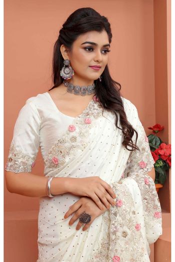 SATIN SILK Embroidery Saree In White Colour - SR1543745