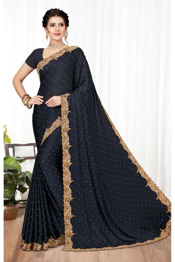 Satin Chiffon Swarovski Work Saree In Navy Blue Colour - SR4473392