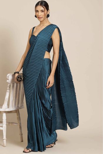 Cloud Grey Ready Pleated Saree Embellished With Sequins And Feathers Online  - Kalki Fashion | Pleated saree, Embellished blouse, Stylish sarees