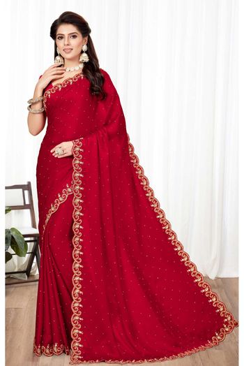 Satin Silk Swarovski Work Saree In Red Colour - SR4473381