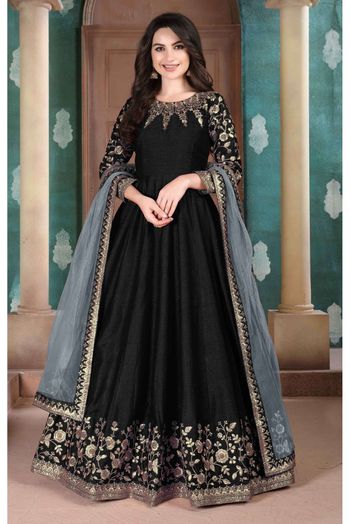 Silk Embroidery Anarkali Suit In Black Colour - SM1640811
