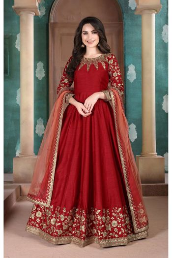 Silk Embroidery Anarkali Suit In Maroon Colour - SM1640814