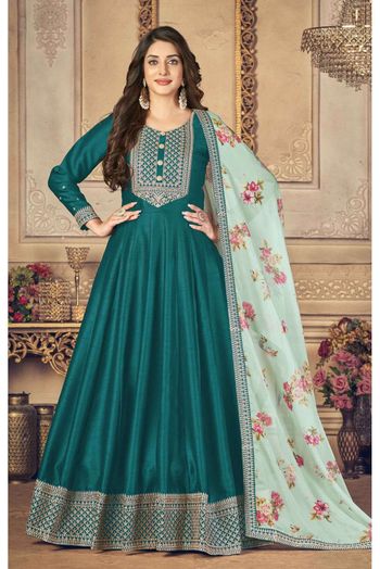 Silk Slub Embroidery Anarkali Suit In Teal Green Colour - SM1640823