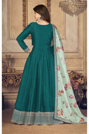 Silk Slub Embroidery Anarkali Suit In Teal Green Colour - SM1640823