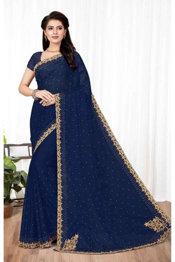 Silk Swarovski Work Saree In Blue Colour - SR4473387