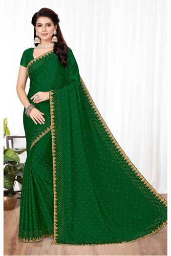 Silk Swarovski Work Saree In Green Colour - SR4473389